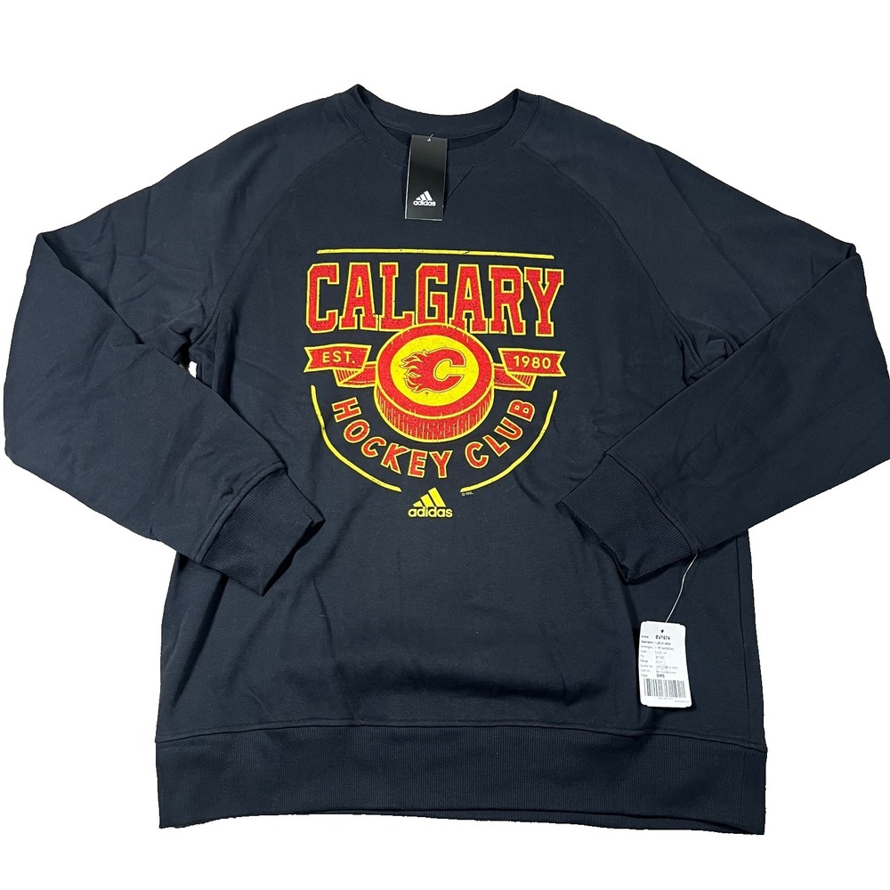 Adidas Mens Large Black Calgary Flames Hockey Club Crewneck Sweatshirt NWT NHL
